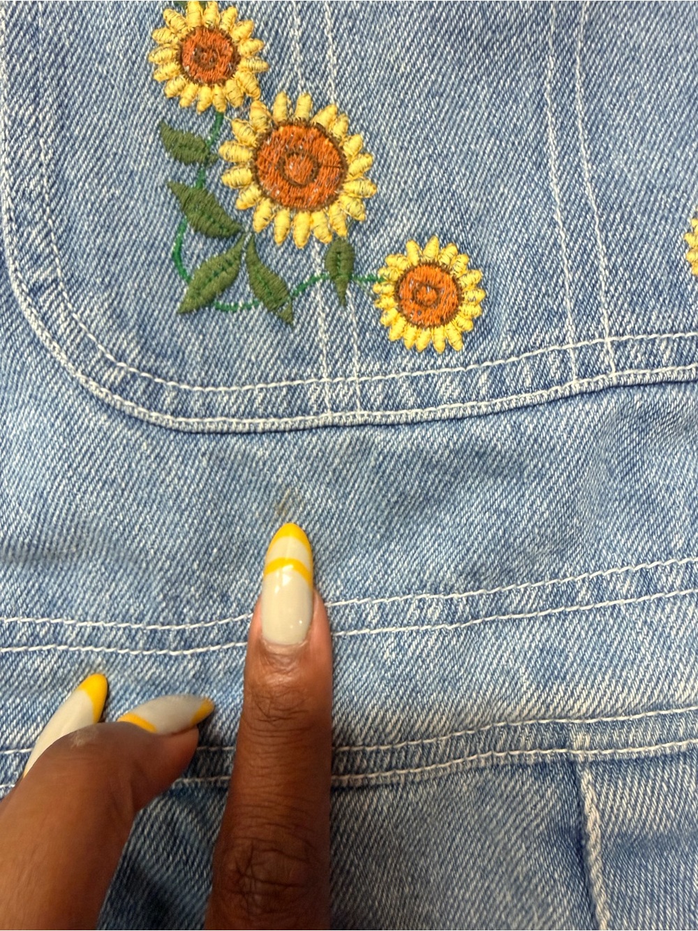 Vintage Denim Sunflower Embroidered Short Overalls - Blue - Picture 3 of 10